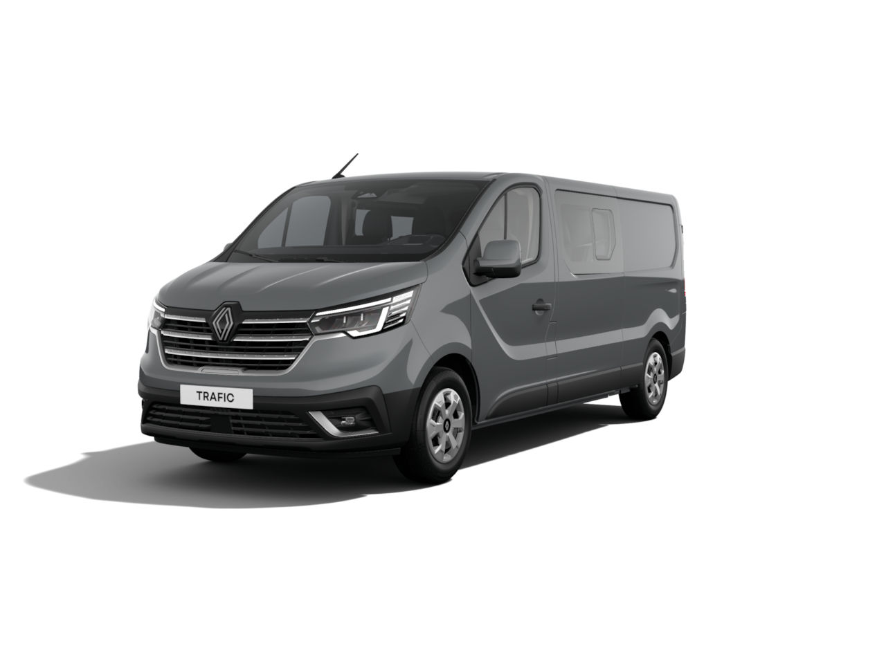 Grauer Renault Trafic Transporter aus der Frontansicht, auf weißem Hintergrund.