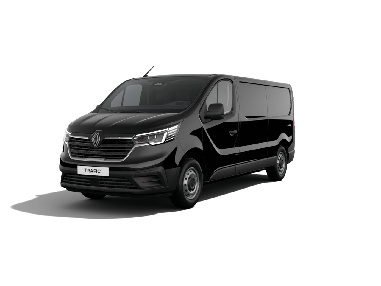 Schwarzer Renault Trafic Van, frontalansicht, auf weißem Hintergrund, ideal für Transport und Gewerbe.
