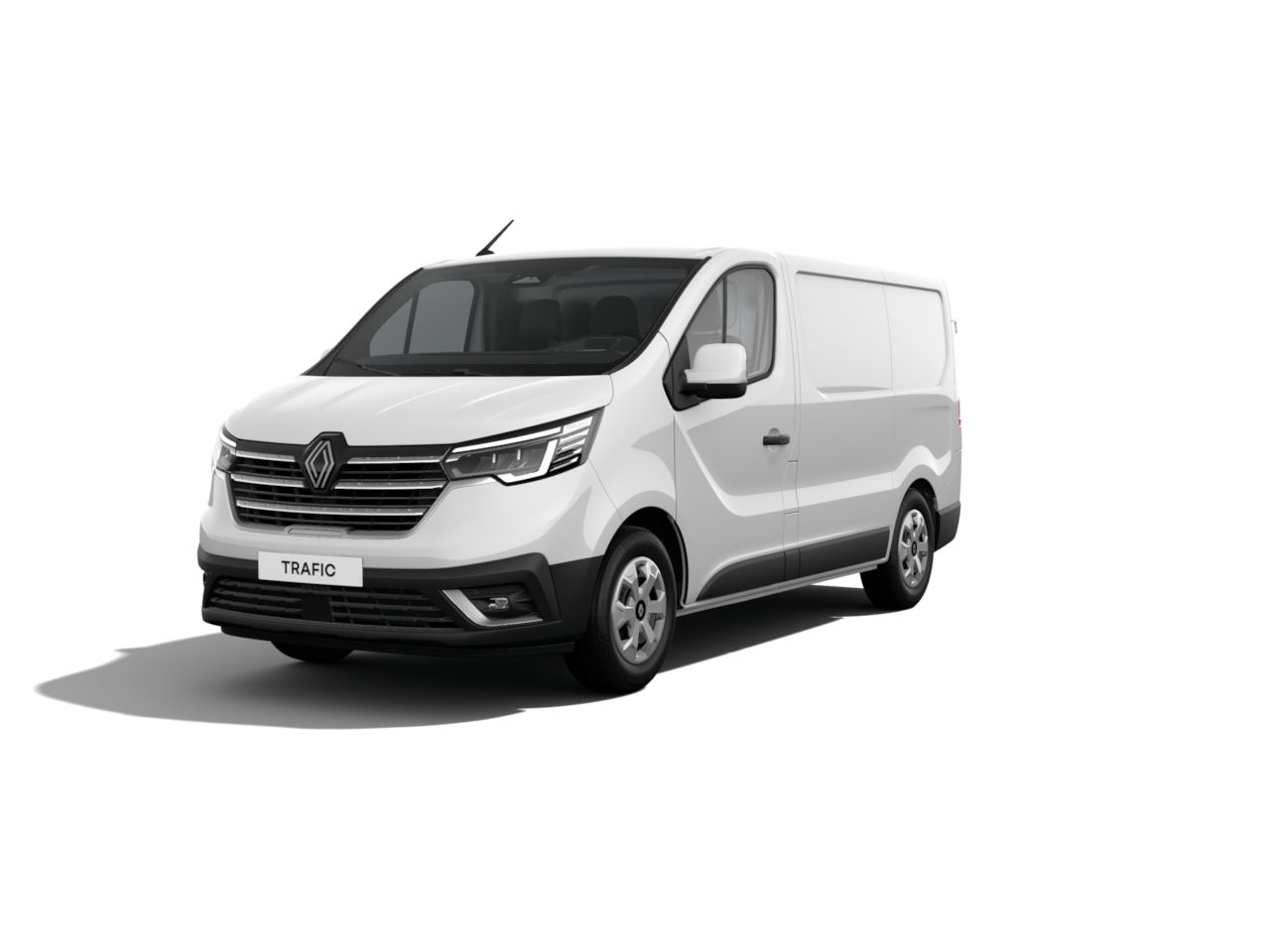 Weißer Renault Trafic Transporter im Vordergrund, im 3/4-Profil auf weißem Hintergrund.