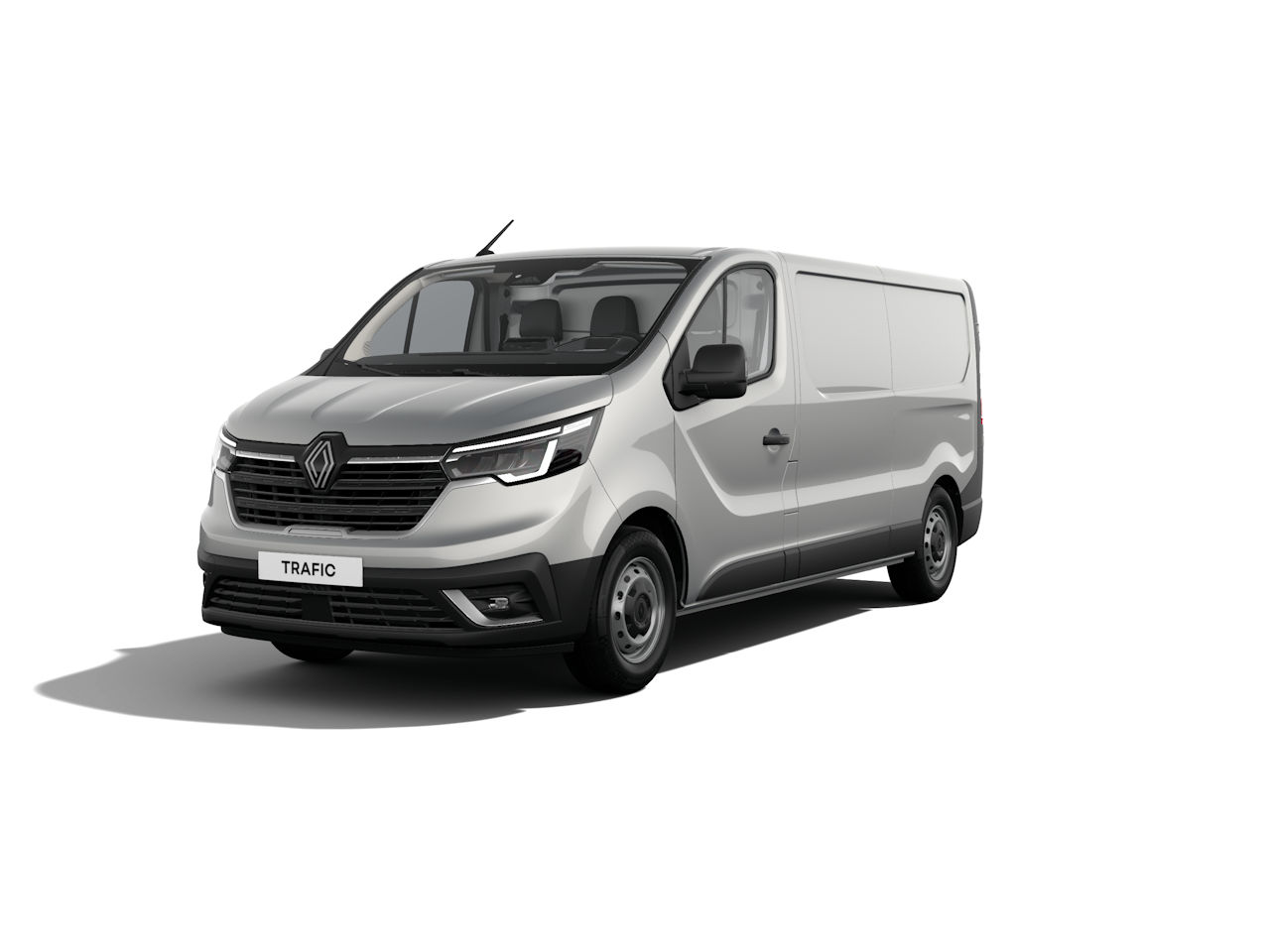 Silberner Renault Trafic Transporter, frontalansicht, auf weißem Hintergrund, geignet für Gewerbe.