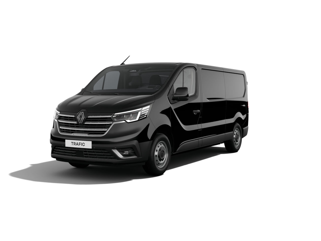 Schwarzer Renault Trafic Van von der Seite, ideal für Transport und gewerbliche Nutzung.