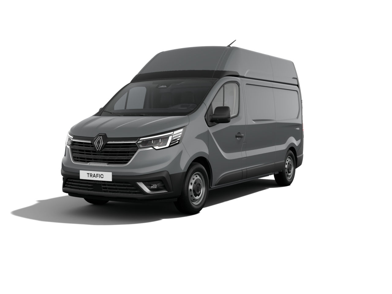 Grauer Renault Trafic Transporter mit hohem Dach, seitliche Ansicht auf weißem Hintergrund.