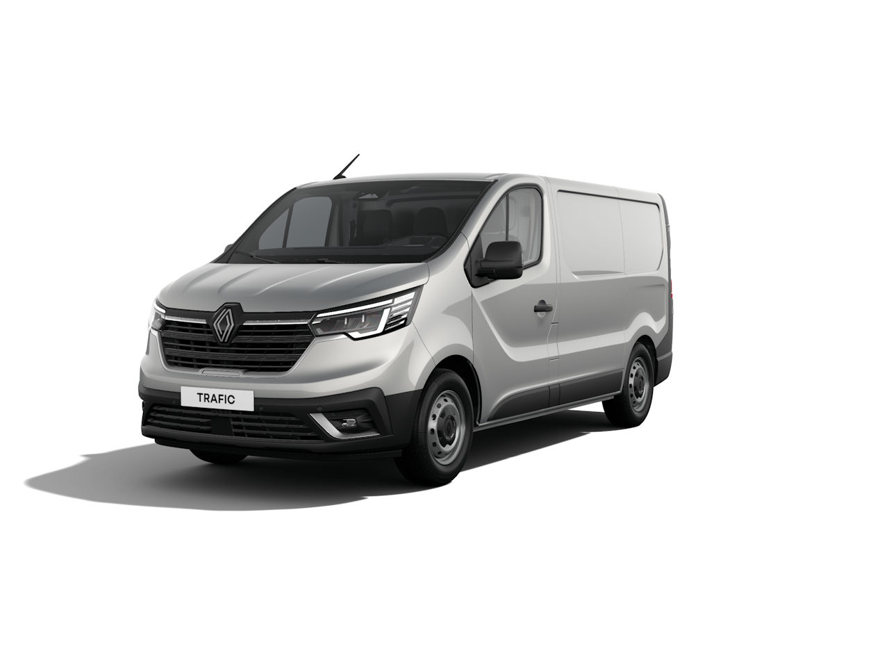 Silberner Renault Trafic Transporter, Frontansicht, auf weißem Hintergrund, ideal für gewerbliche Nutzung.