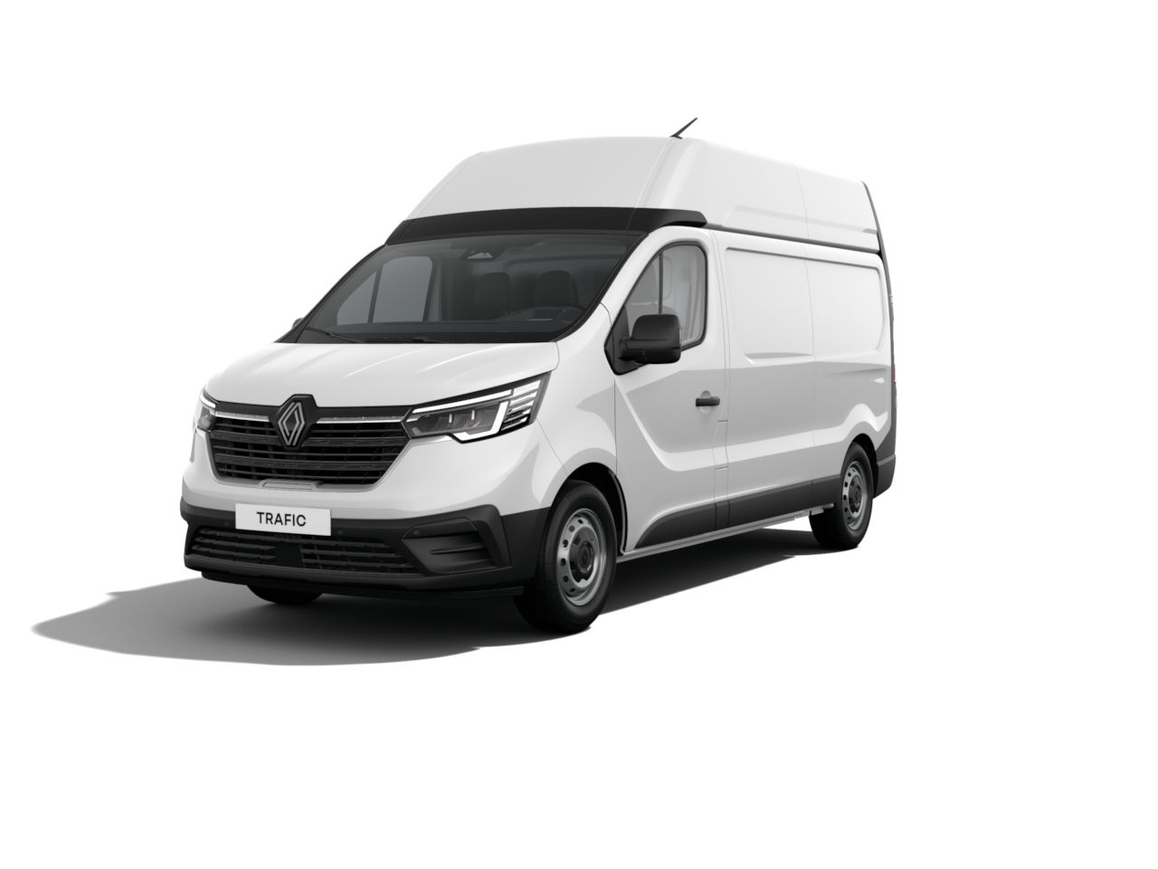 Weißer Renault Trafic Transporter im Frontansicht, verfügbar für gewerbliche Nutzung.