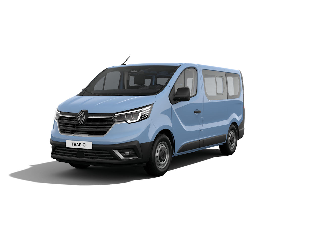 Renault Trafic in hellem Blau, moderner Transporter mit komfortablem Innenraum, ideal für Fahrten mit mehreren Passagieren.