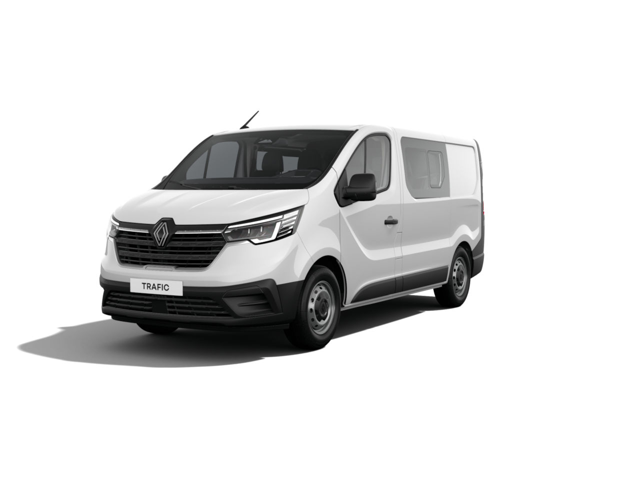 Weißer Renault Trafic Transporter, vorderansicht, auf weißem Hintergrund.