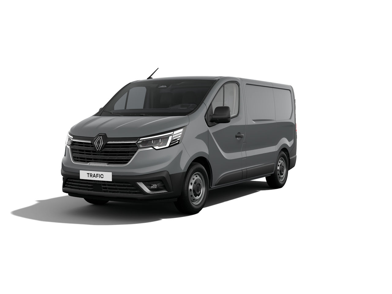 Renault Trafic in Grau, Transporter mit modernem Design, frontal aufgenommen, auf weißem Hintergrund.