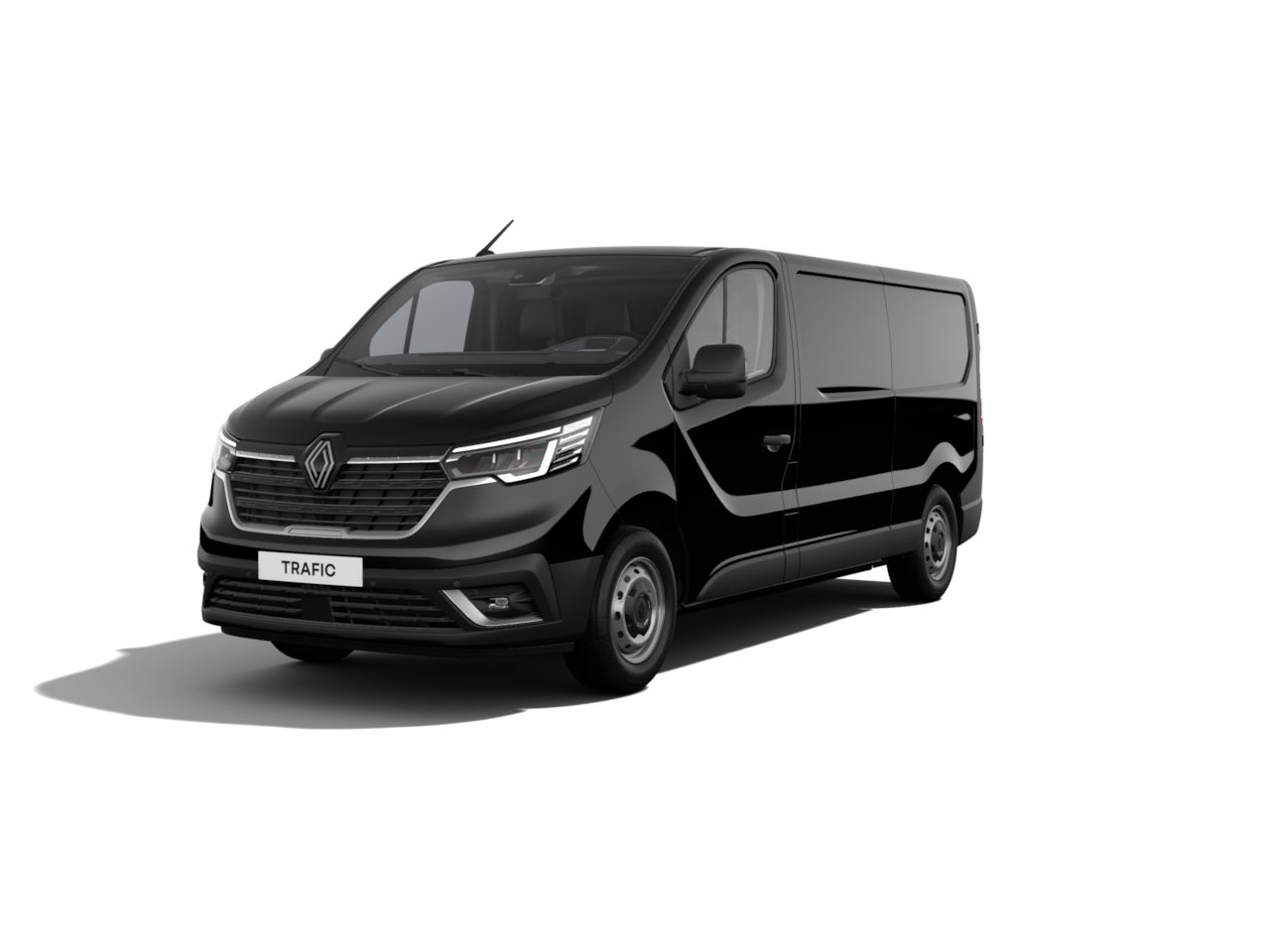 Schwarzer Renault Trafic Transporter mit moderner Frontansicht und geräumigem Innenraum auf weißem Hintergrund.