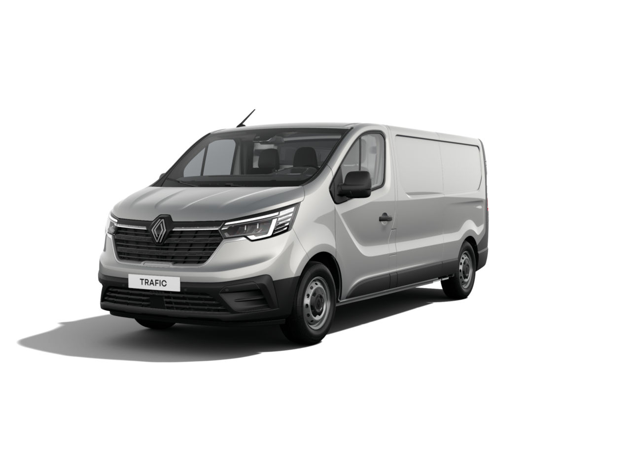 Renault Trafic Transporter, silberne Farbe, Frontansicht, leere Ladefläche für gewerbliche Nutzung.