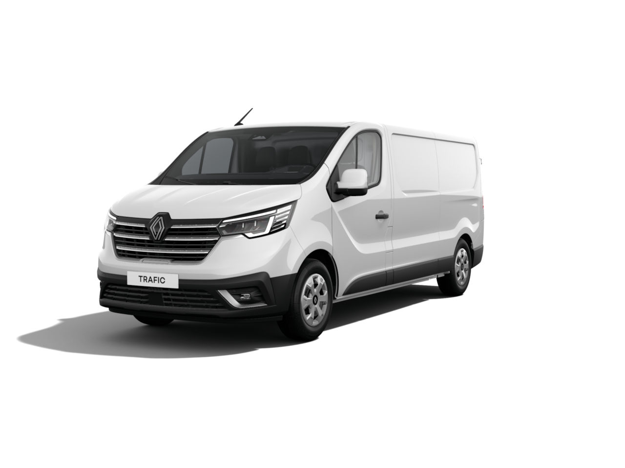 Weißer Renault Trafic Transporter auf einem weißen Hintergrund, sichtbar von vorne links.