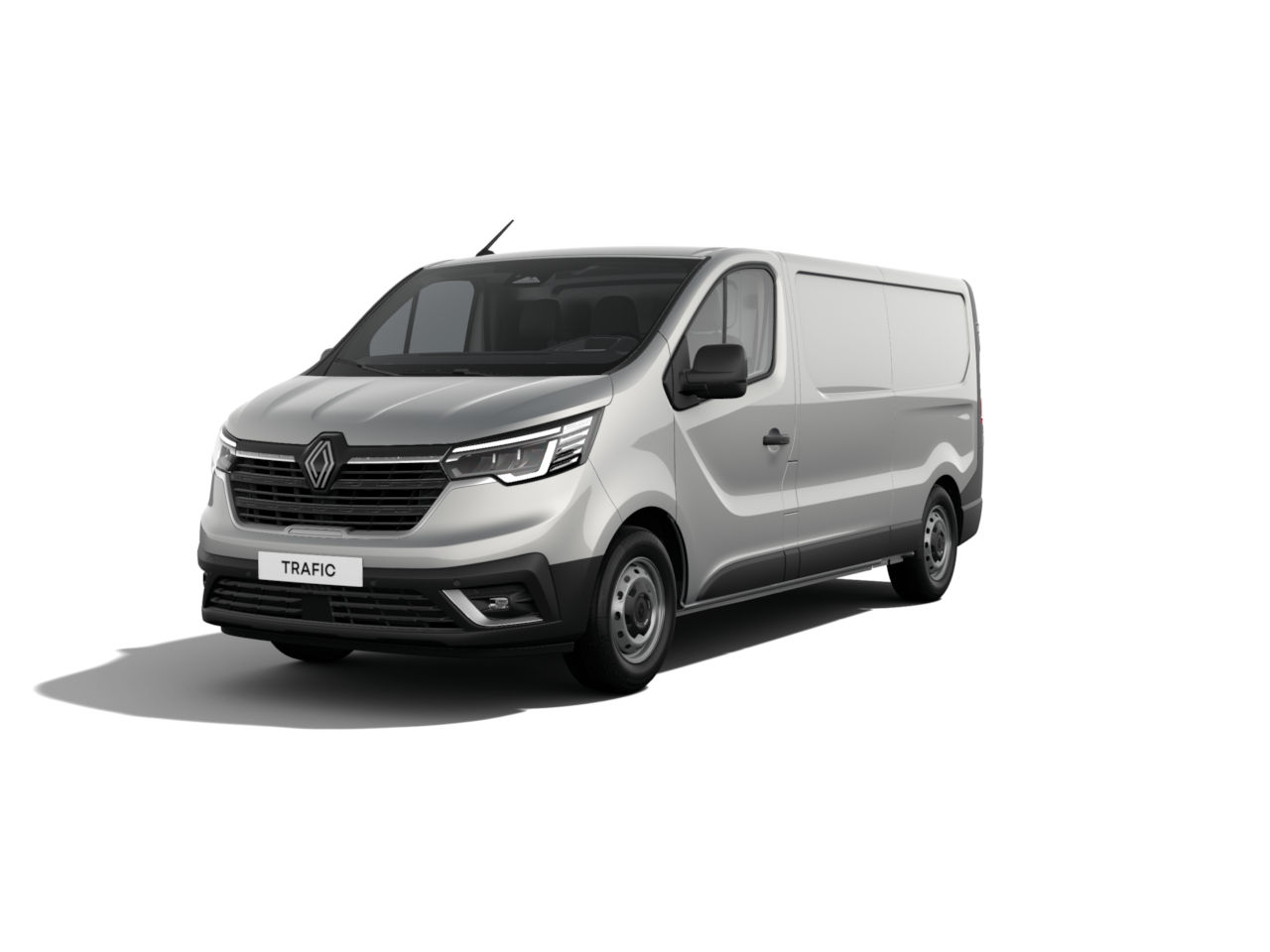 Silberner Renault Trafic Transporter, seitliche Ansicht auf weißem Hintergrund.