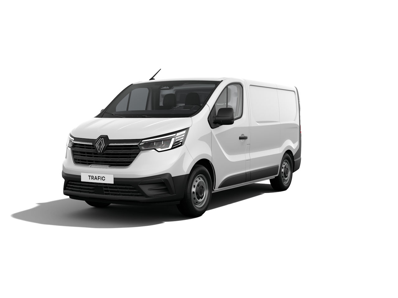 Weißer Renault Trafic Van, Vorderansicht, auf weißem Hintergrund, ideal für Transport und Gewerbe.
