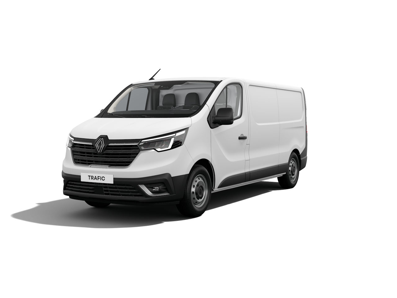 Weißer Renault Trafic Lieferwagen mit modernem Design, begrüßt von einem klaren, weißen Hintergrund.