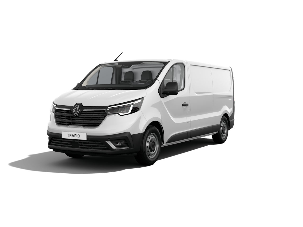 Weißer Renault Trafic Van, vorne rechts dargestellt, auf weißem Hintergrund, für Transport und Gewerbe.