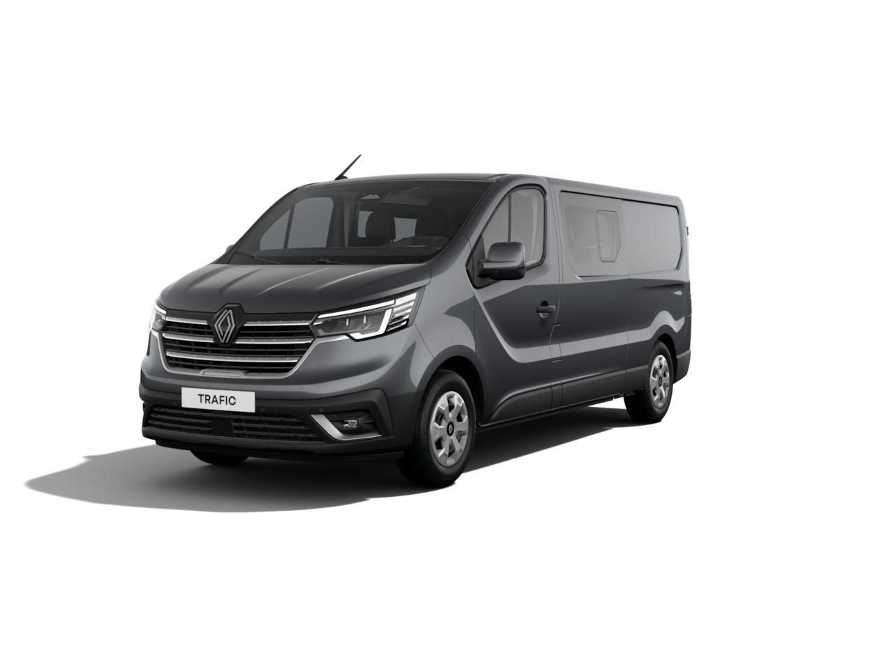 Ein grauer Renault Trafic Van, frontal sichtbar, auf einem weißen Hintergrund.