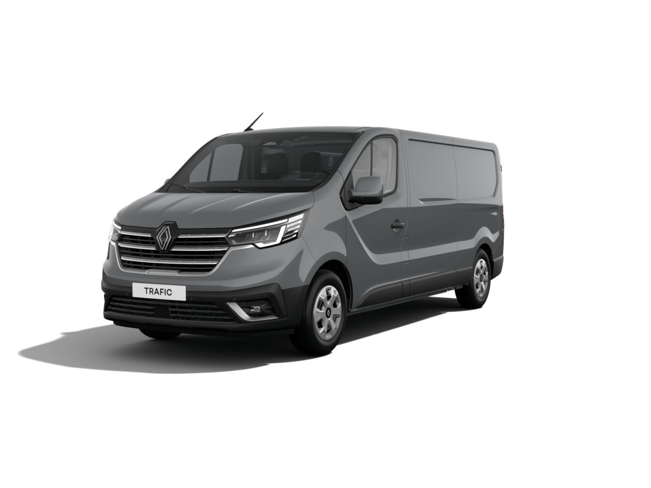 Renault Trafic Transporter in grau, Frontansicht, betonende moderne und funktionale Gestaltung.