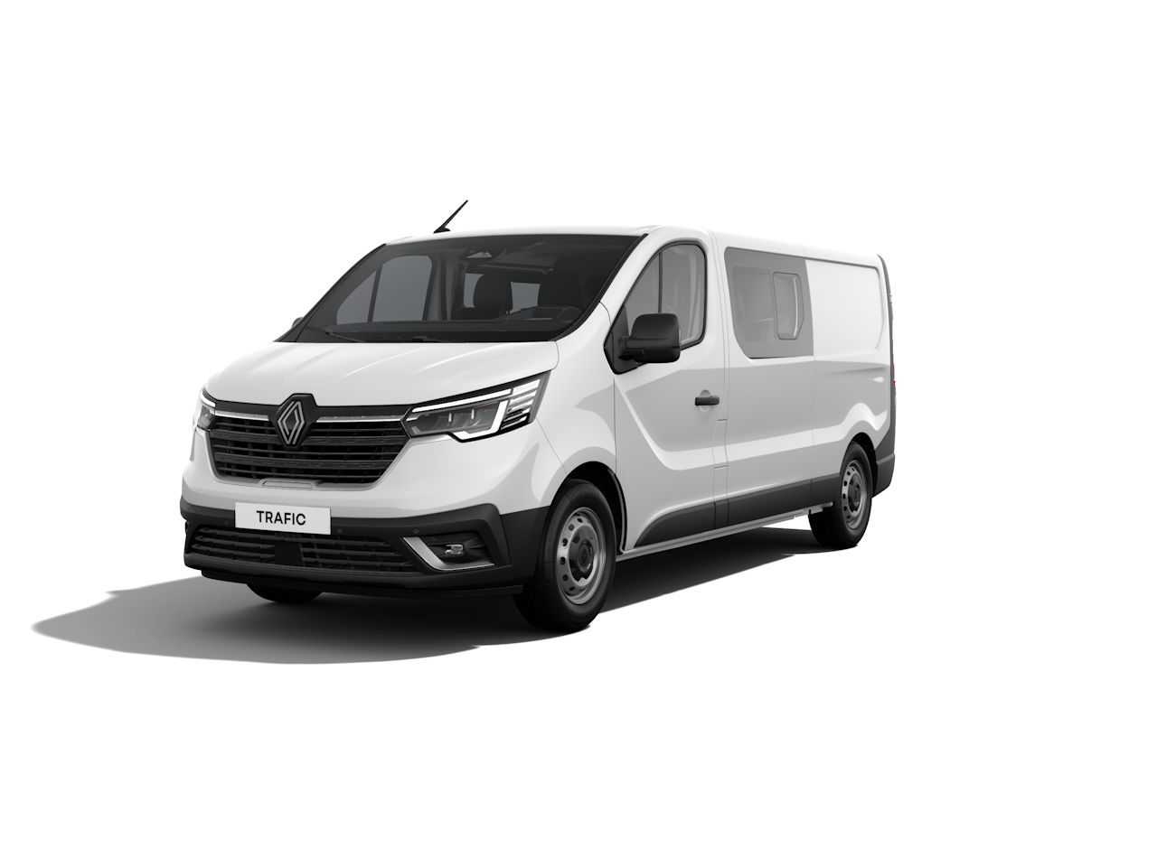 Weißer Lieferwagen Renault Trafic vor neutralem Hintergrund, modernes Design, optimal für Transporte.