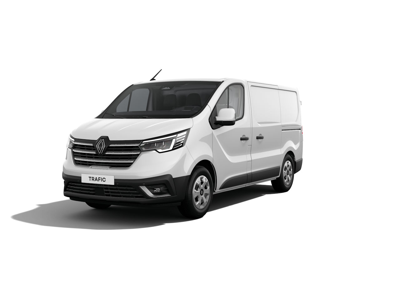 Weißer Renault Trafic Kastenwagen, frontal von links, ideal für Transporte und Gewerbe.