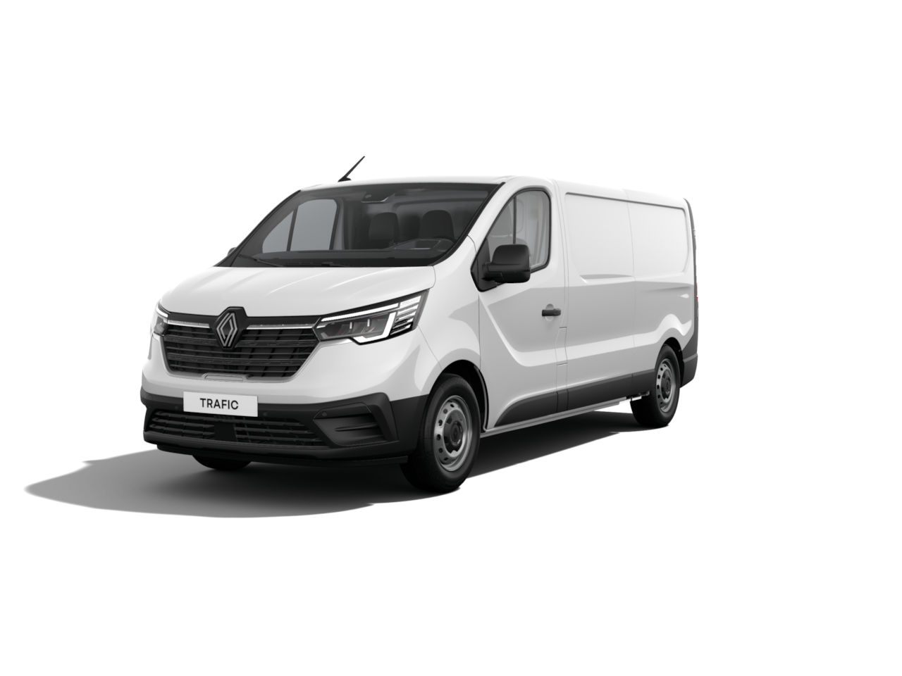 Weißer Renault Trafic Kastenwagen, frontansicht, auf weißem Hintergrund.