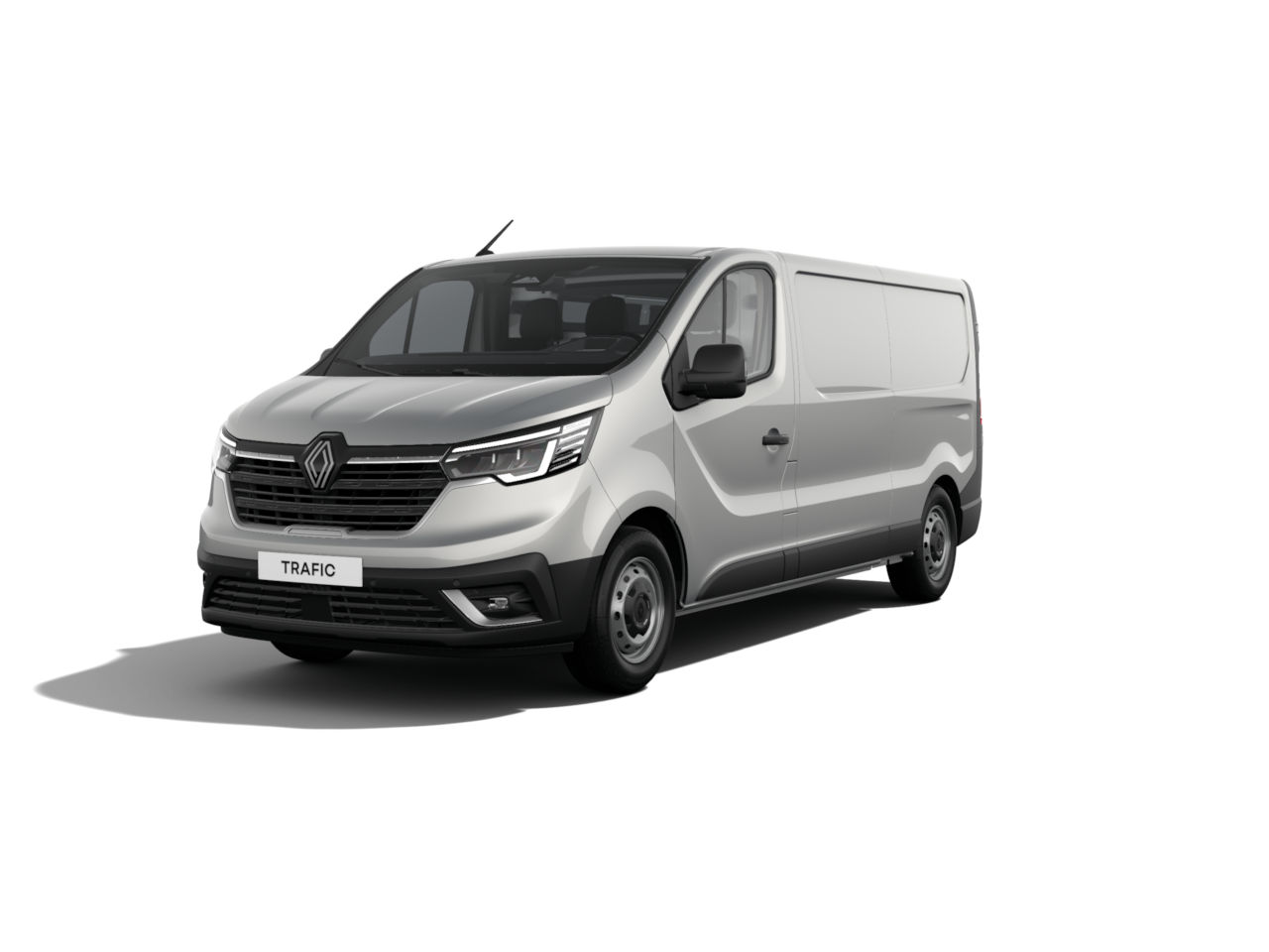 Silberner Renault Trafic Kleintransporter vor weißem Hintergrund, ideal für Transport und Gewerbe.