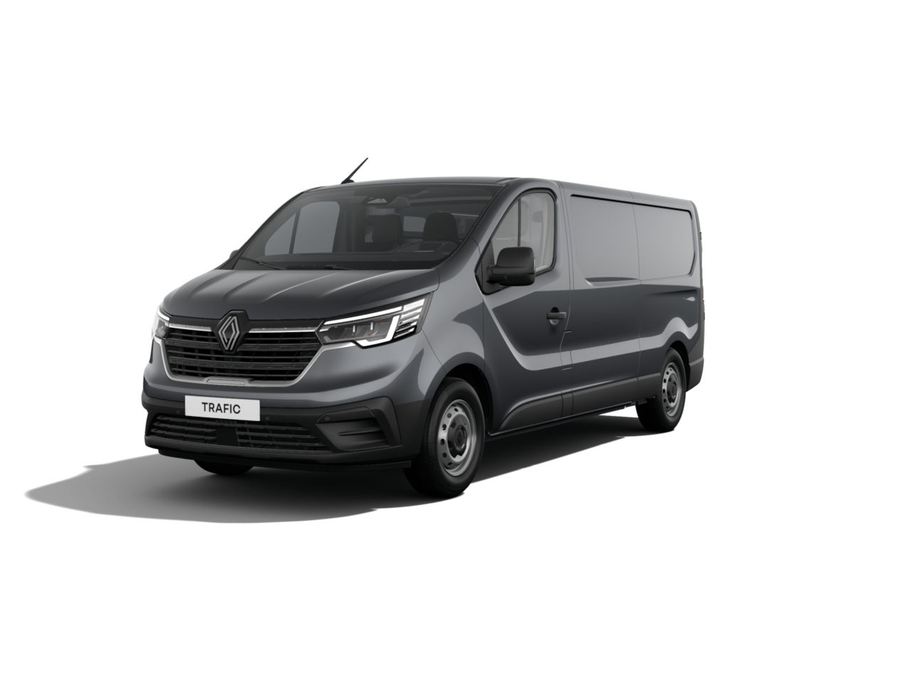 Renault Trafic Van in metallic Grau, Seitenansicht, geeignet für Transport und Gewerbe.