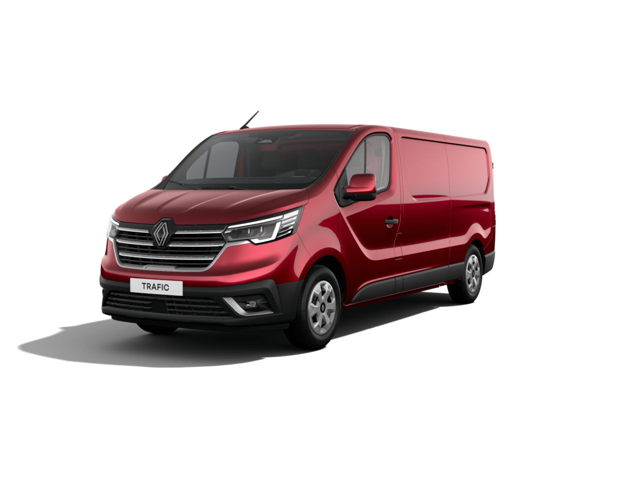 Roter Renault Trafic Transporter, frontalansicht, vor weißem Hintergrund, robustes Design, ideal für Transporte.
