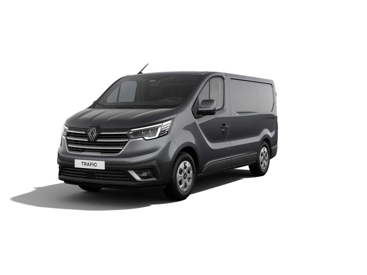 Renault Trafic 2023, grauer Transporter, frontansicht, urbane Nutzung, geräumig und funktional.