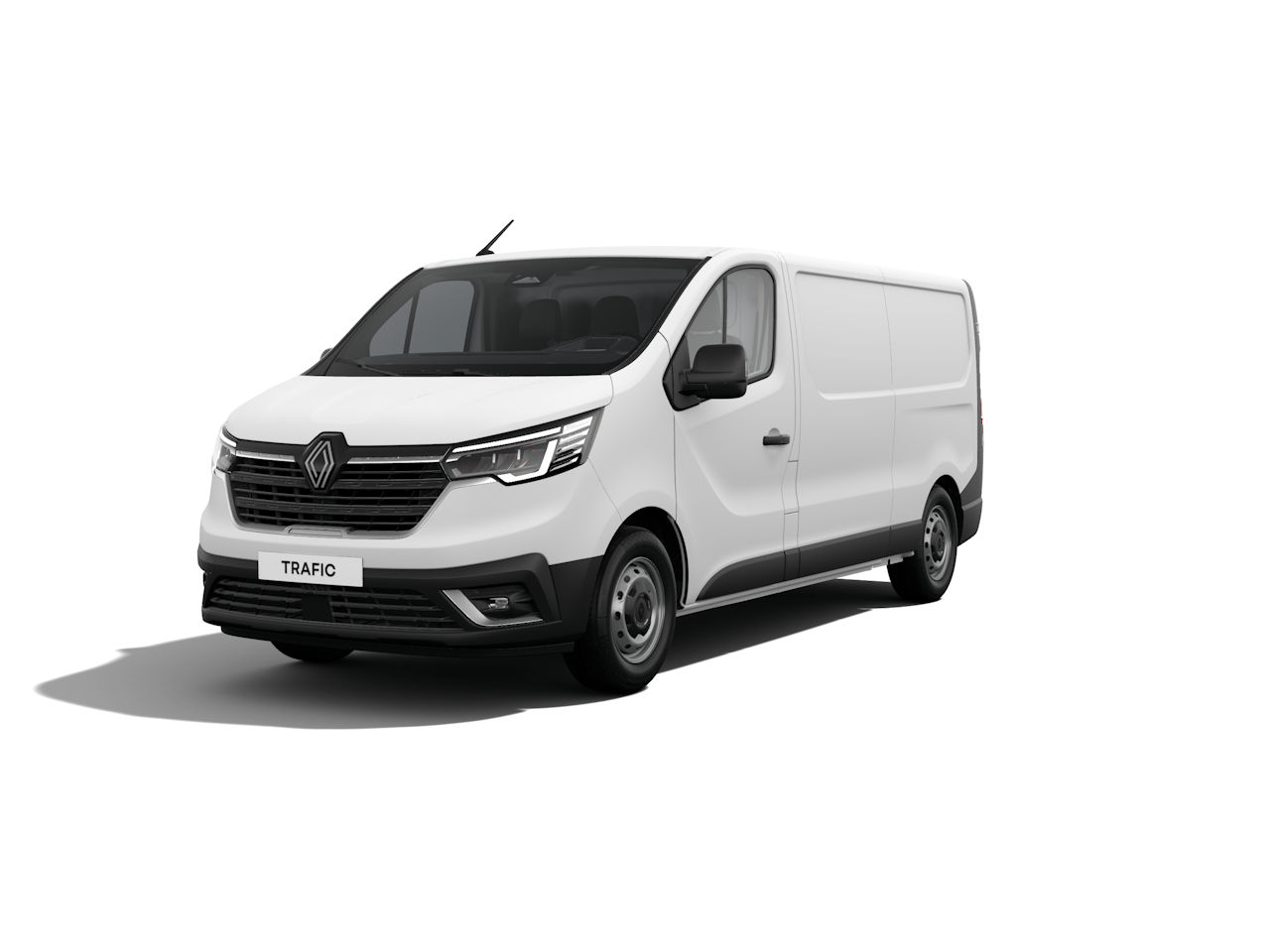 Weißer Renault Trafic Van mit modernen Linien und Sitz für Fahrer, ideal für Transportzwecke.