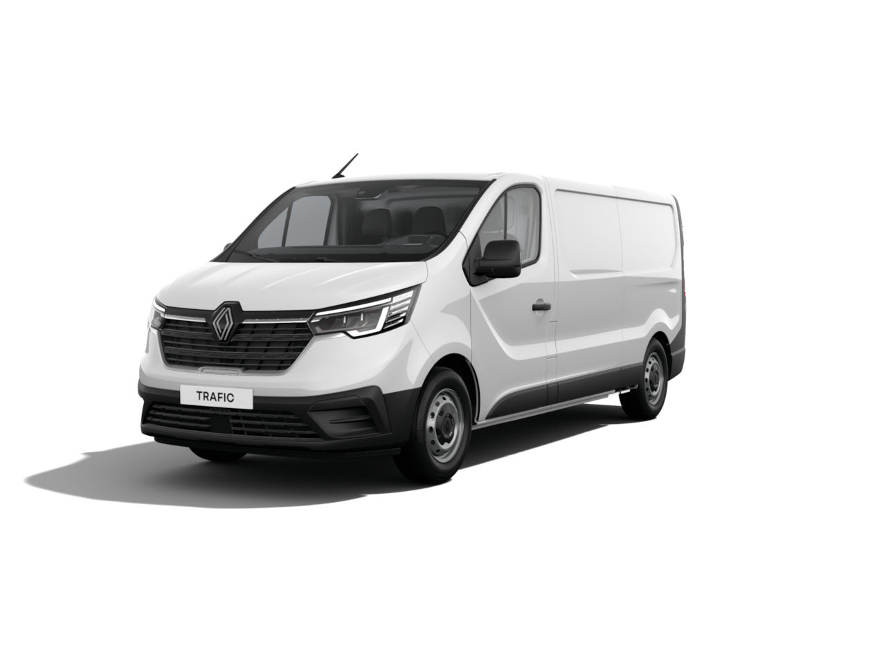 Weißer Renault Trafic Transporter in der Frontansicht, geeignet für Gewerbe und Lastentransport.