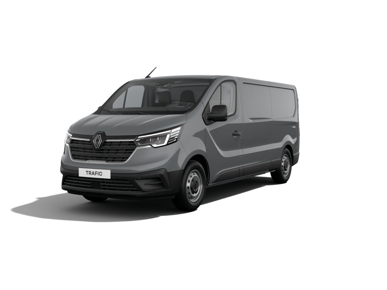 Grauer Renault Trafic Transporter, frontalansicht, auf weißem Hintergrund, geeignet für Nutzfahrzeuge.