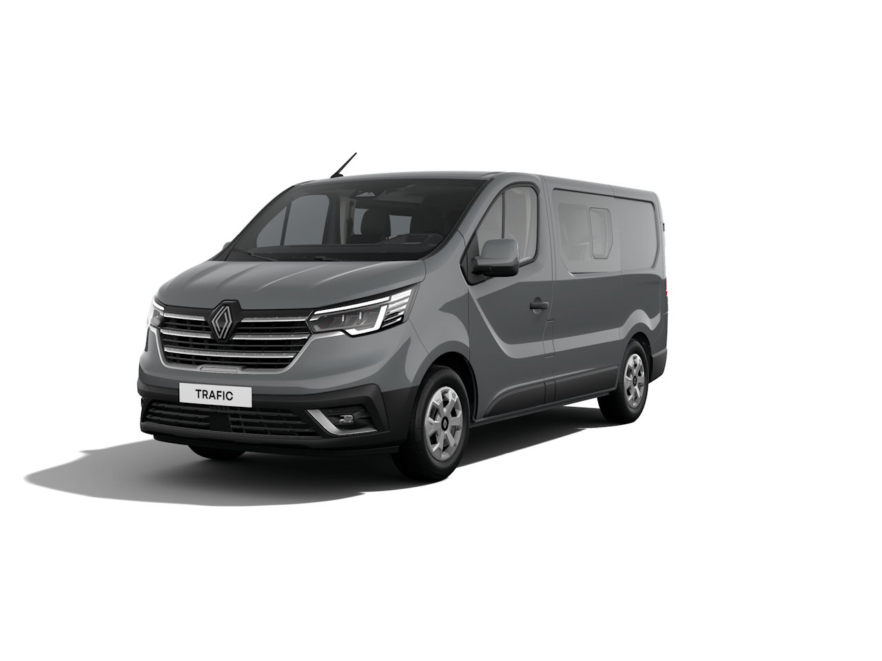 Grauer Renault Trafic Van, der von der Seite mit schickem Design und modernen Linien präsentiert wird.