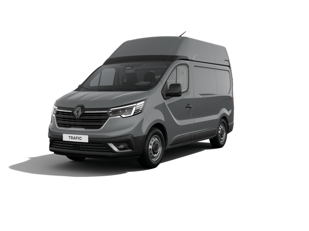 Grauer Renault Trafic Lieferwagen, Frontansicht, mit hohem Dach, für gewerbliche Nutzung.
