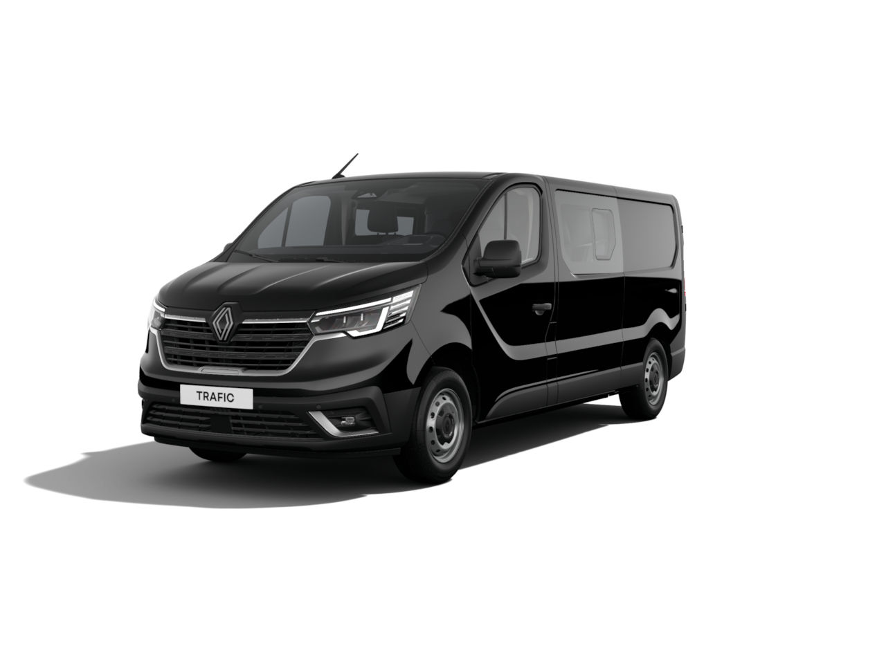 Schwarzer Renault Trafic Van, Vorderansicht, moderner Transporter für vielseitige Anwendungen.