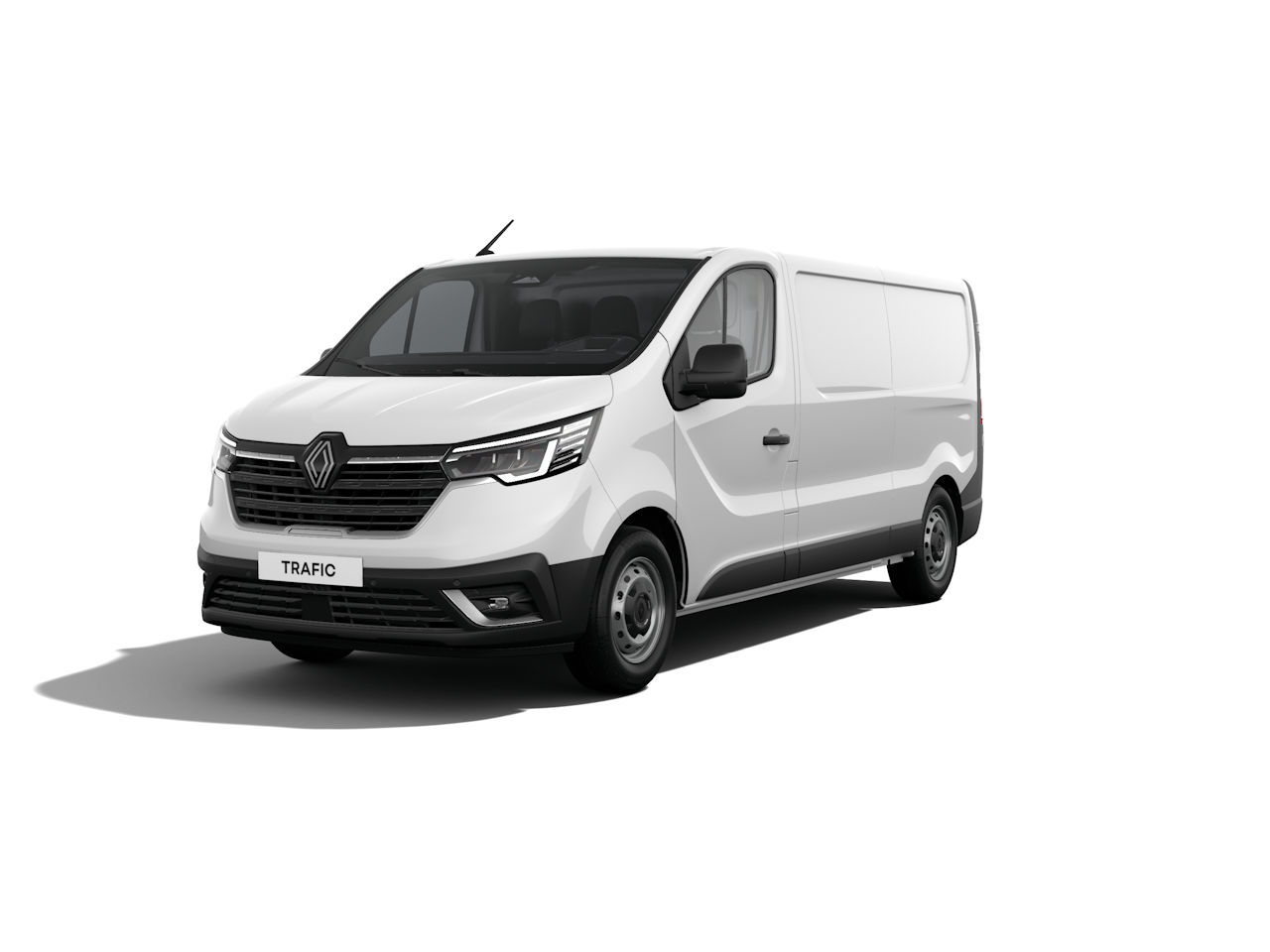 Weißer Renault Trafic Lieferwagen, Frontansicht, auf hellem Hintergrund.