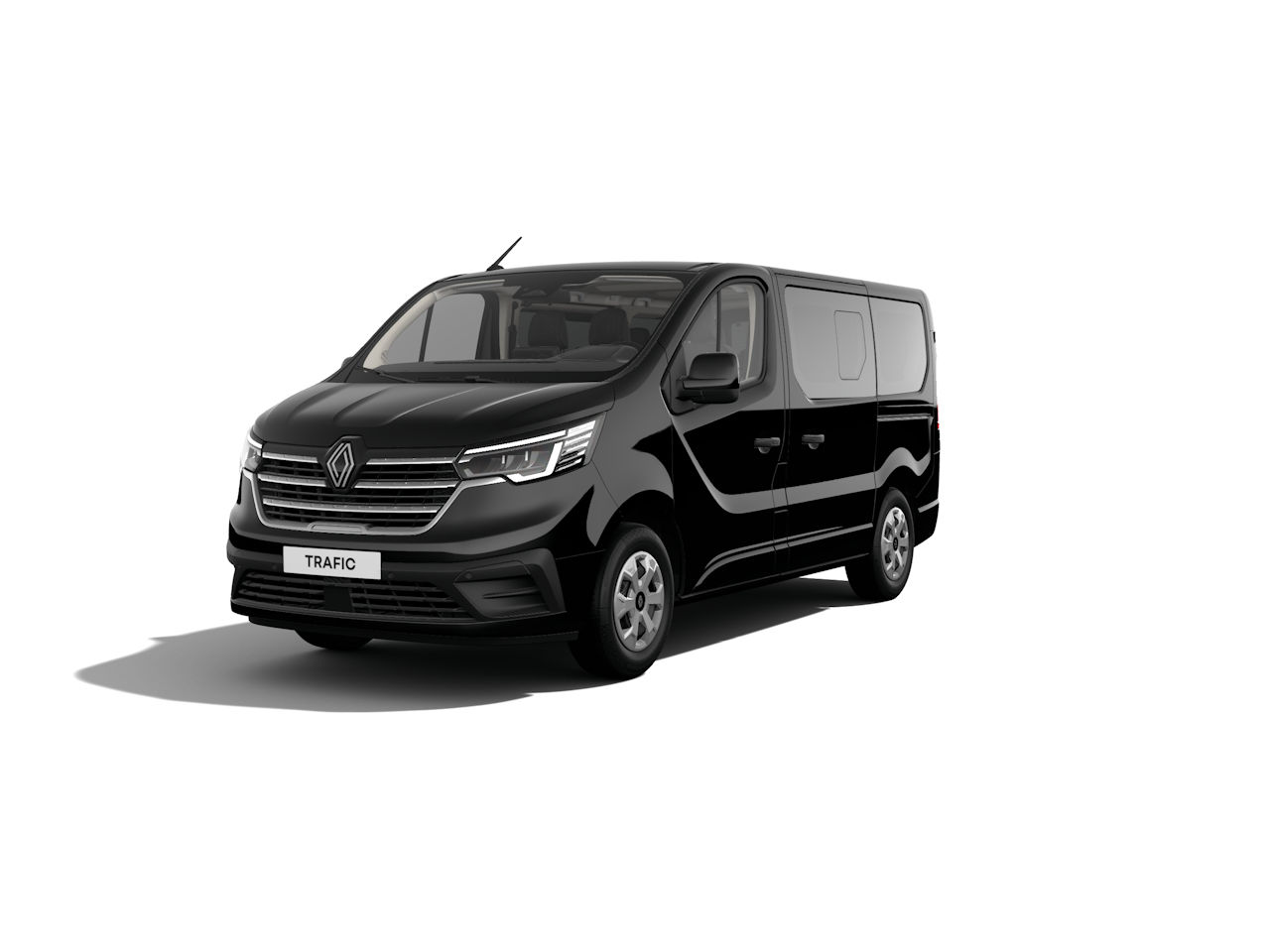 Schwarzer Renault Trafic Van, frontalansicht, auf weißem Hintergrund, geeignet für Transport und Gewerbe.