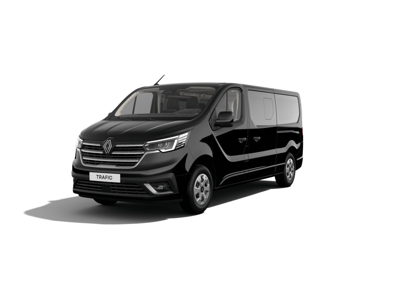 Schwarzer Renault Trafic Van, Vorderansicht, modern und geräumig, ideal für Transport und Selbstständigkeit.