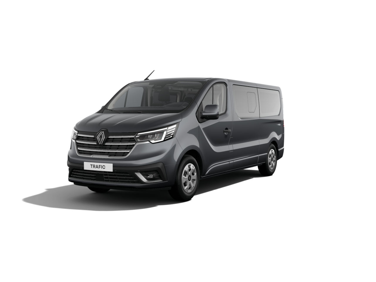 Renault Trafic, grauer Transporter mit modernem Design, frontal im Bild, vor weißem Hintergrund.