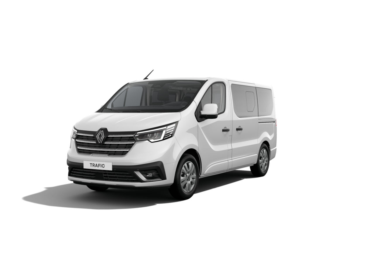 Ein weißer Renault Trafic Van steht im Vordergrund auf einem weißen Hintergrund.