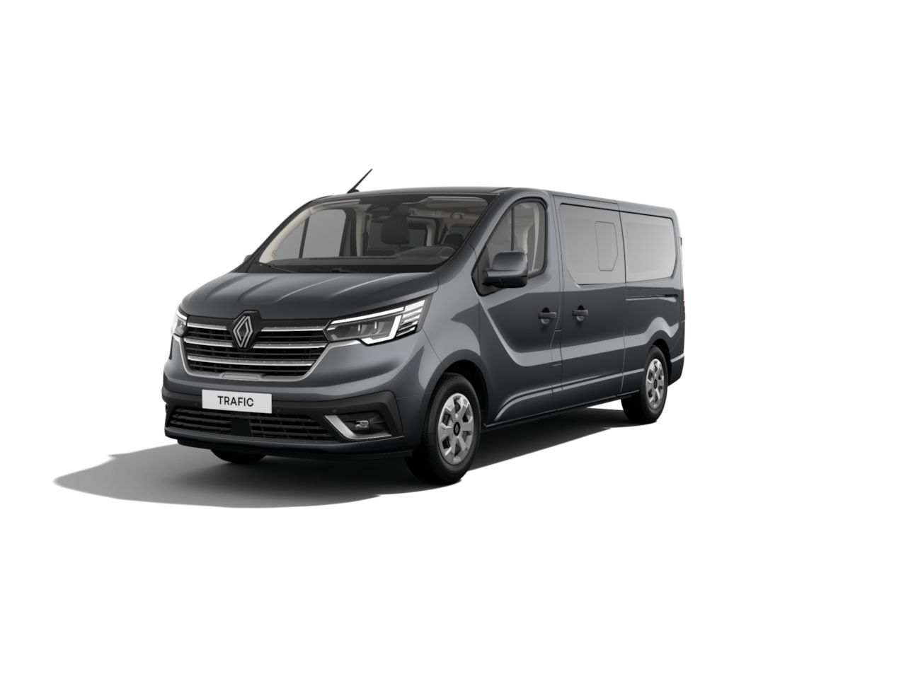 Renault Trafic: modern, grauer Transporter mit geräumigem Interieur für vielseitige Einsätze.