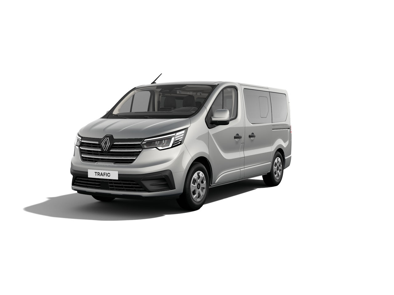 Silberner Renault Trafic Van auf weißem Hintergrund, ideal für Transport und Gewerbe.
