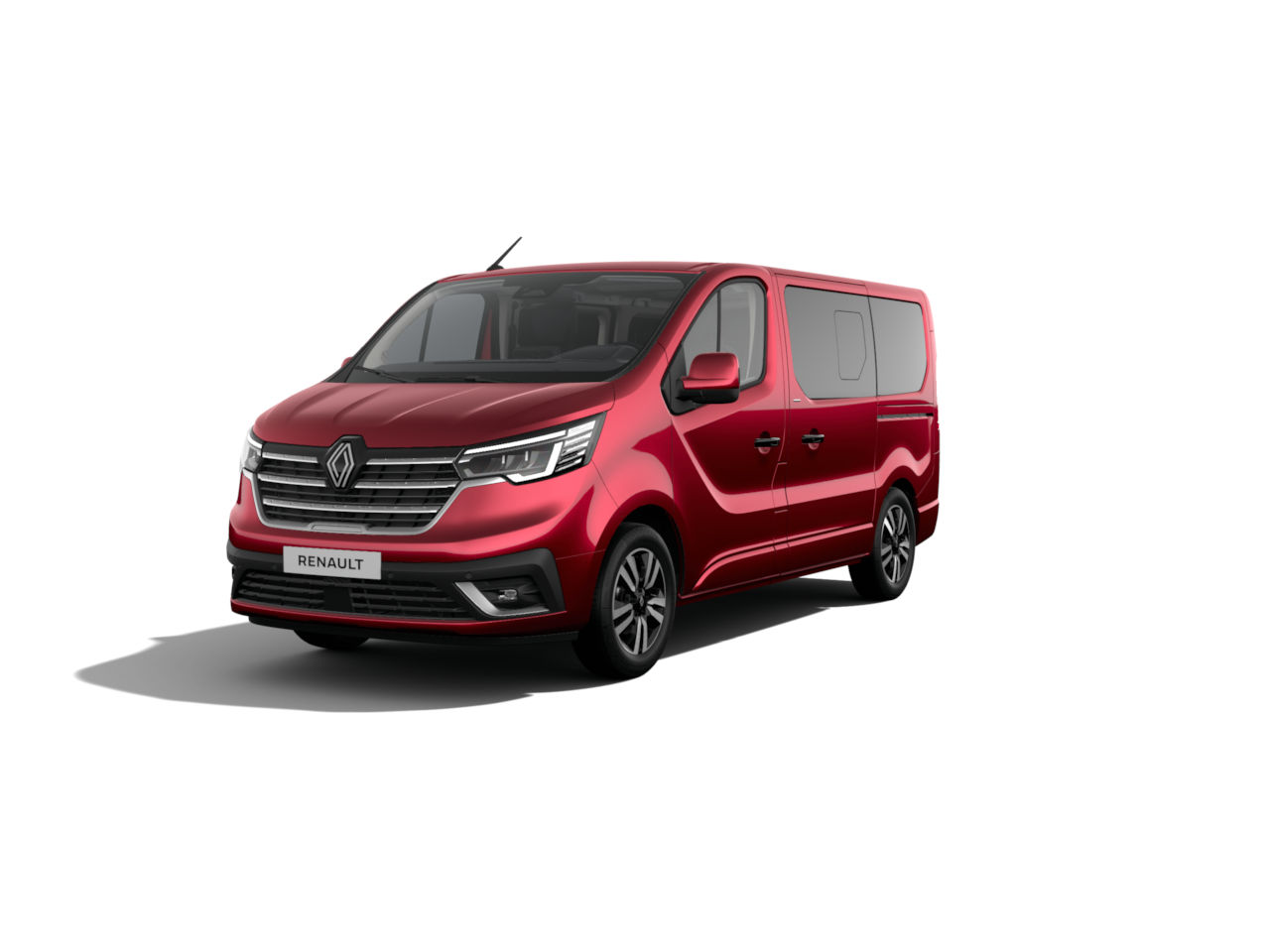 Roter Renault Transporter, moderner Look, seitliche Sicht, auf weißem Hintergrund.