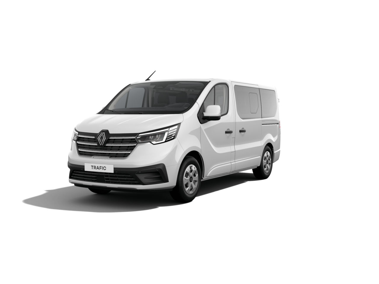 Weißer Renault Trafic, moderner Lieferwagen mit breitem Innenraum und effizientem Design.