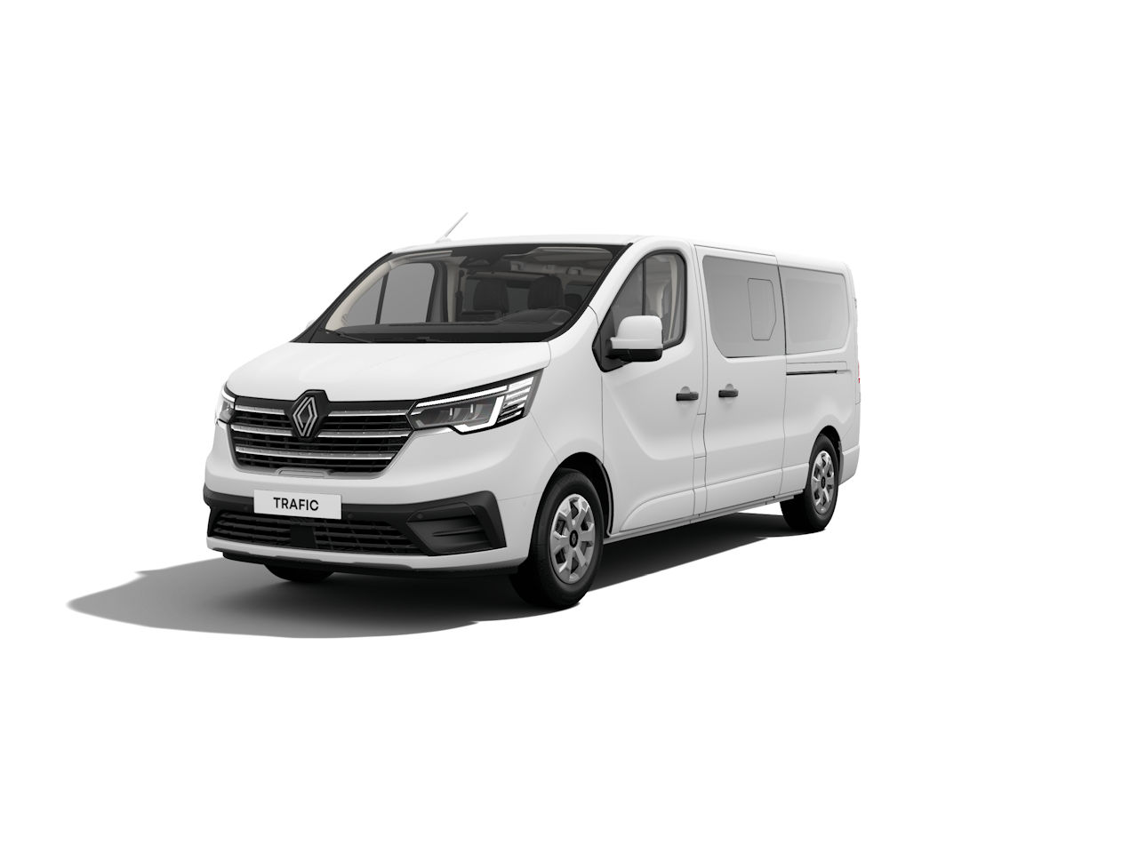 Renault Trafic Transporter, weiß, mit modernen Linien und großzügigem Innenraum, seitlich geparkt auf weißem Hintergrund.