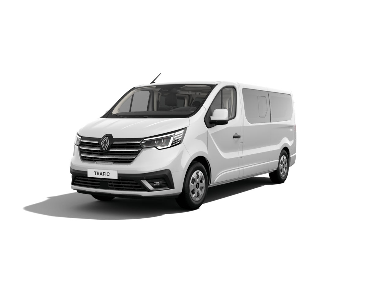 Weißer Renault Trafic Kombivan, frontal ansprechend, auf weißem Hintergrund, ideal für Transport und Geschäftsreisen.
