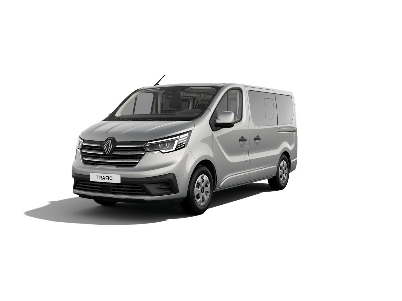 Silberner Renault Trafic Transporter, Frontansicht, modern und geräumig, ideal für Gewerbe und Transporte.