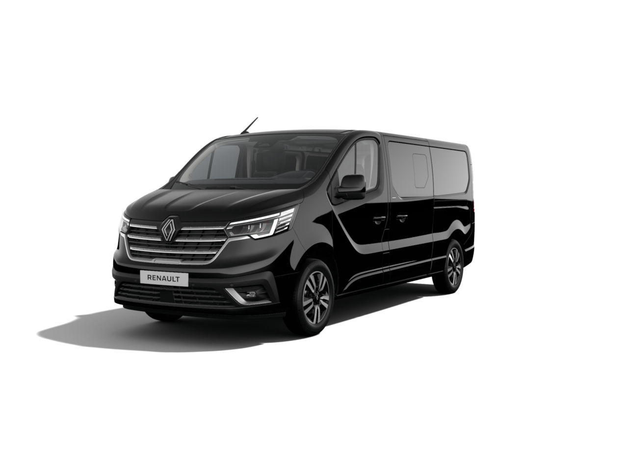 Schwarzer Renault Transporter mit modernem Design, präsentiert auf weißem Hintergrund.