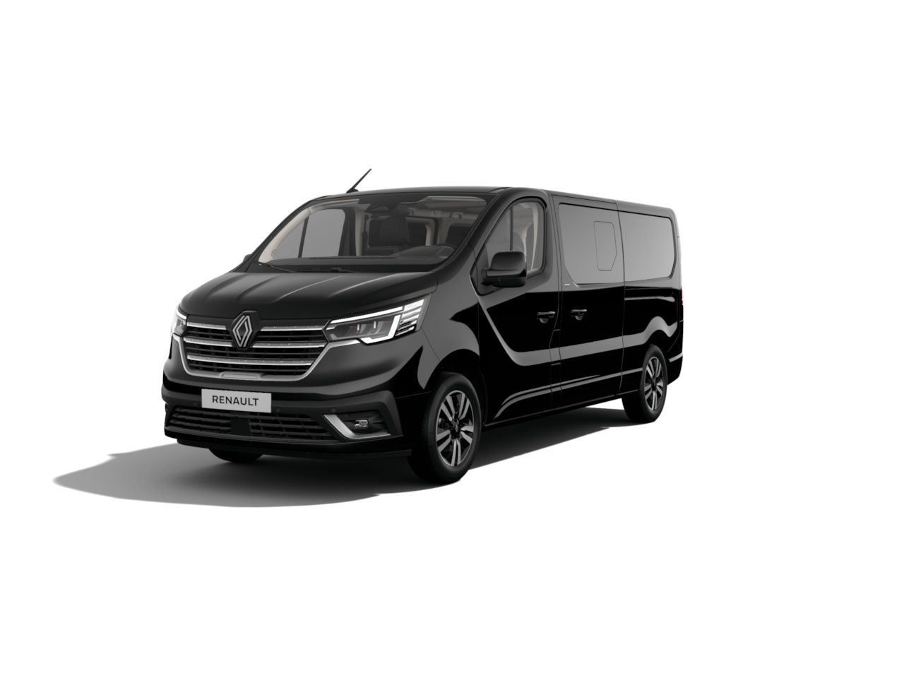 Schwarzer Renault Transporter vor weißem Hintergrund, zeigt modernes Design und geräumigen Innenraum.