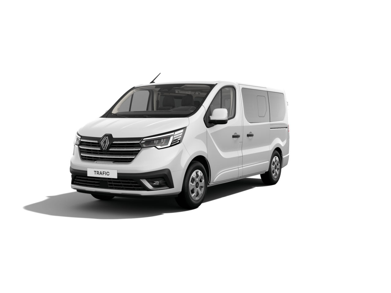 Weißer Renault Trafic Van auf neutralem Hintergrund, geeignet für Transport und Gewerbe.