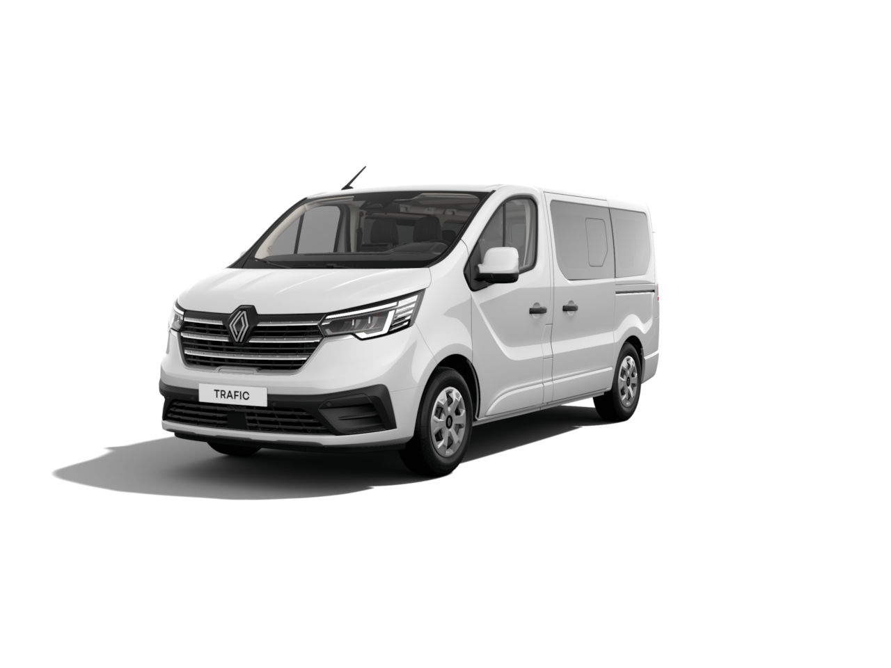 Ein weißer Renault Trafic Van, frontal betrachtet, auf weißem Hintergrund, ideal für Transport und gewerbliche Nutzung.