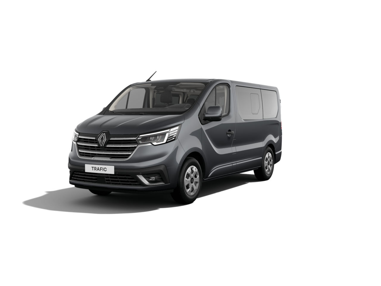 Renault Trafic, ein grauer Nutzfahrzeug, frontal abgebildet, auf weißem Hintergrund.